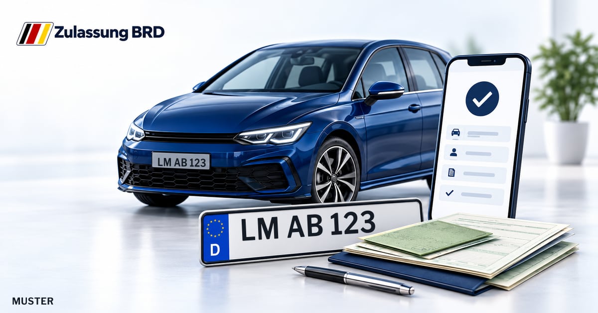Online Fahrzeugzulassung in Weilburg: Musterkennzeichen LM AB 123, Auto und Fahrzeugpapiere und Smartphone. Illustration mit Logo von Zulassung BRD.
